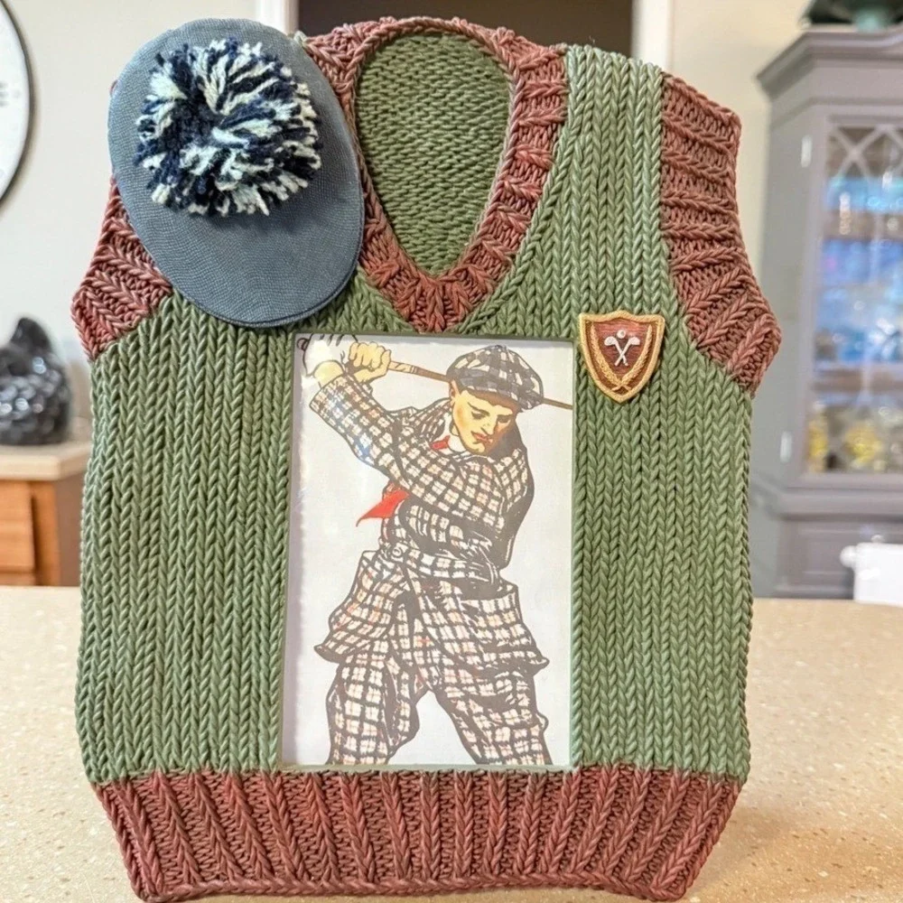 Hand Painted Golf Sweater Vest Picture Frame Green Brown Vintage Style Gift